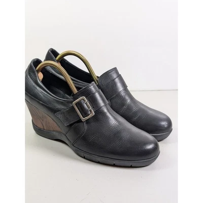 Zuecos mocasines de cuña de cuero negro SANITA detalle de hebilla diseño danés para mujer 42 Foto 1 de 4