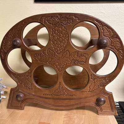6 Bottle Wood Countertop Wine Rack Carved Grape Vine Mid Century Vintage  - Image 1 of 4