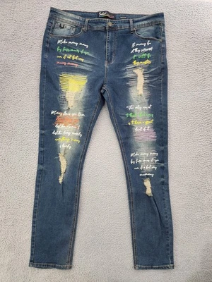 Pantalones de mezclilla Switch para hombre 40x32 azules desgastados ajustados calce cónico pintura gráfico bordado Foto 1 de 4