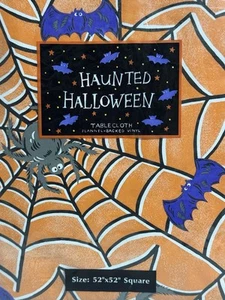 VTG Elrene Halloween 52”x52” Square Flannel Back Vinyl Tablecloth Spiders & Bats - Picture 1 of 6