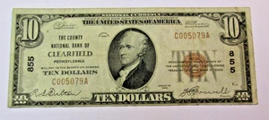 BANCONOTA CONTEA Banca Nazionale Clearfield PA, SERIE 1929, TIPO 1, $10 DOLLARO, #855 - Foto 1 di 3