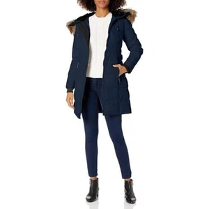 Nine West Women's Removable Faux Fur Trimmed Hooded Parka Navy Xsmall MSRP $220 - Picture 1 of 4