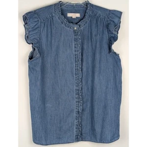 Loft 100% cotton chambray Wmns TopXLBust 45"CB length26"GUC Ruffled sleeveless - Picture 1 of 6