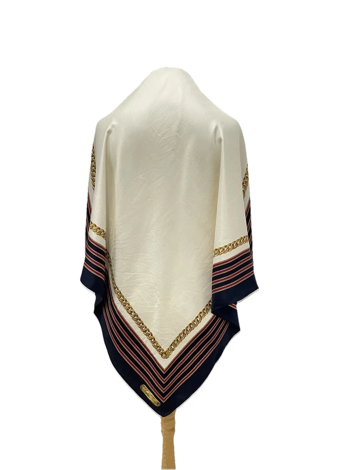 H74# Ralph Lauren Bufanda de Seda Cadena Rayas Borde Azul Marino Rojo Crema Vintage Cuadrado Foto 1 de 4