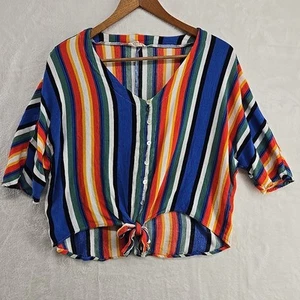 La Miel Peasant Top Womens M Gauzy Tie Front Festival Rainbow Stripe Button - Picture 1 of 10