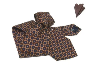 Cravate Laine Homme Orange Abricot Dessins Bleu Et Ensemble Assortie Mouchoir - Imagen 1 de 6