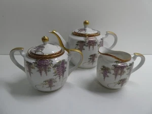VINTAGE JAPANESE PORCELAIN WISTERIA PATTERN TEA SET - TEAPOT SUGAR BOWL MILK JUG - Picture 1 of 10