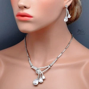 Women Clear Cubic Zirconia Necklace Earrings Jewelry Set Silver Tone Prom 10041 - Picture 1 of 9