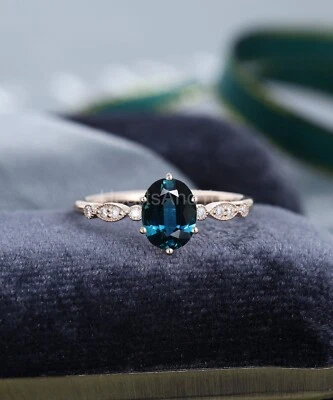 2ct Oval Cut Natural London Blue Topaz & Diamond 100% 14k SOLID Rose Gold Ring - Image 1 of 4