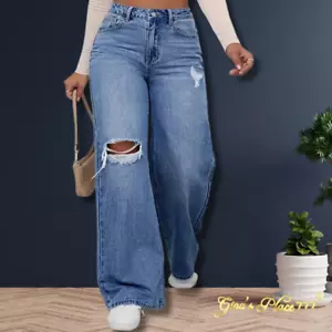 New Womens Y2K High Waisted Ripped Wide Leg Boot Cut Jeans Medium Wash Sz: Large - Picture 1 of 12