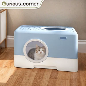 Cat Toilet Enclosed Litter Box Odorless Clear Doors Slide Out Anti Splash Scoop - Picture 1 of 11
