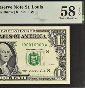 1995 $1 Federal Reserve Note PMG 58EPQ - Birthday Low Serial Number 00016000 - Picture 1 of 3