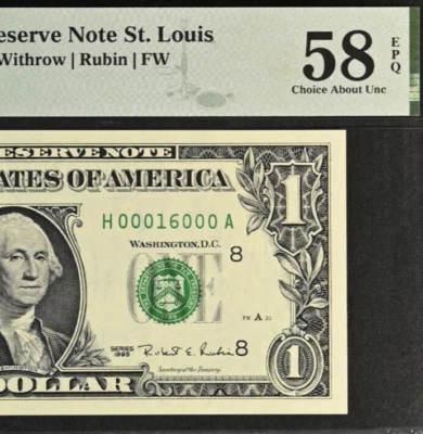 1995 $1 Federal Reserve Note PMG 58EPQ - Birthday Low Serial Number 00016000 - Image 1 of 3