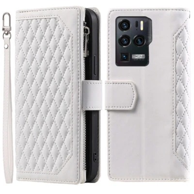 Estuche tipo billetera romboidal ZTE Axon 30 Ultra 5G, estuche para tarjetas abatible de cuero de lujo con cremallera Foto 1 de 4