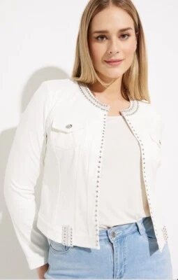 Chaqueta de gamuza recortada JOSEPH RIBKOFF imitación cuero blanco cuentas plata $236 XXL Foto 1 de 4