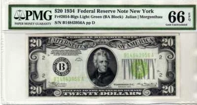Fr.2054-B 1934 $20 New York Federal Reserve Note Light Green Seal PMG 66 EPQ  - Image 1 of 4
