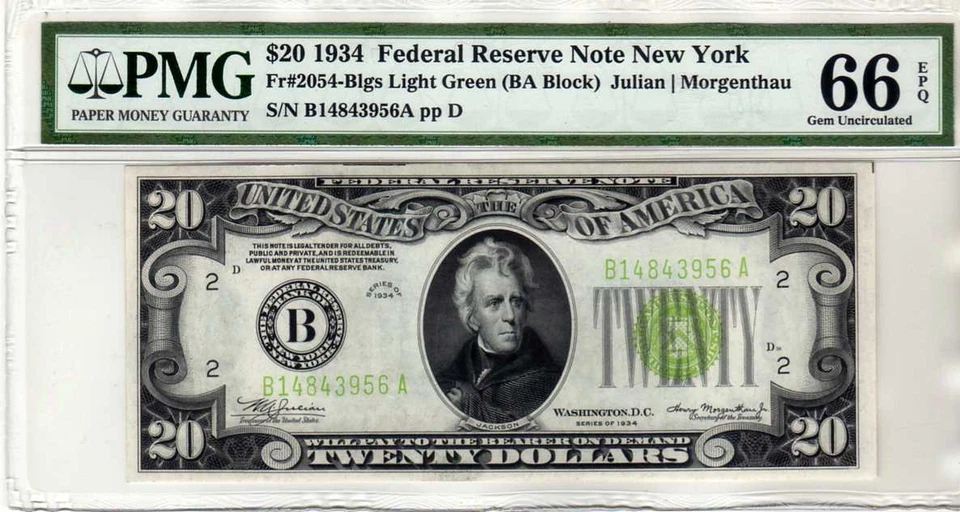 Fr.2054-B 1934 $20 New York Federal Reserve Note Light Green Seal PMG 66 EPQ  - Image 1 of 4