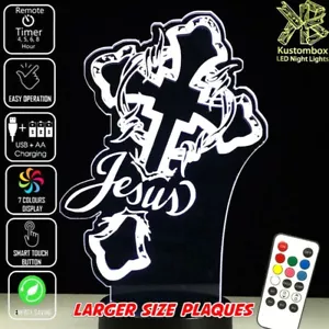 JESUS & THE CROSS RELIGIOUS 3D LED BATTERY USB NIGHT LIGHT 7 COLOUR'S REMOTE - Picture 1 of 11