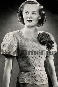 Knitting Pattern Vintage 1930s/40s Fan Design Sweater  Short Sleeves - Picture 1 of 1