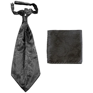New men's polyester ASCOT cravat neck tie & hankie set Charcoal Paisley prom - Picture 1 of 2