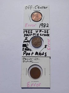 3 Mint Coin Error Cents! 1982 Off Center, 1955 Poor Mans Dbl Die +, Planchet. N8 - Picture 1 of 17