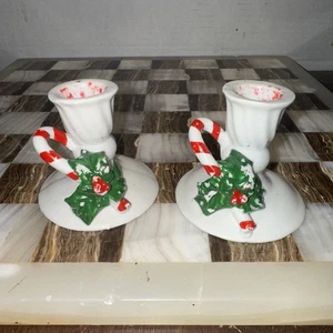 Juego de 2 candelabros vintage de Navidad de acebo y bastón de caramelo - Imagen 1 de 5