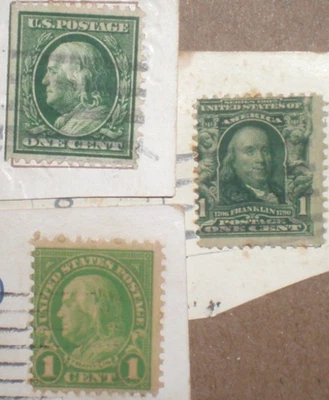 3 Antique Benjamin Franklin Green 1c Stamps, postmarked 1) 1902 series 1) - Image 1 of 3