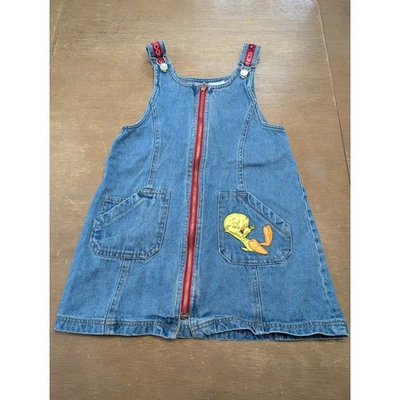 Vintage Looney Tunes Tweety Bird Denim Dress Zip Girls Size 7 jumper embroidered - Image 1 of 4