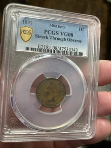Error 1892 P Indian Head Cent Penny PCGS VG08 1c Mint Struck Strike Through Brwn - Picture 1 of 3