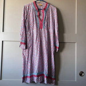 Roberta Roller Rabbit Midi Tunic Kaftan Dress Women Medium Pink Blue Trim V-Neck - Picture 1 of 14