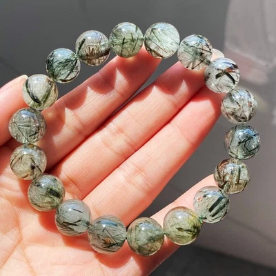 11.8mm Natural Green Tourmaline Rutilated Quartz Crystal Beads Bracelet 045 - Image 1 of 4