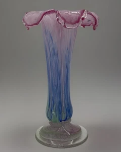 Vintage Murano Stil MCM Kunst Glas Blütenblatt Konfetti Vase mundgeblasen blau rosa grün - Bild 1 von 9