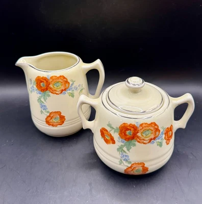 Utensílios de cozinha vintage Hall qualidade superior laranja papoula creme e açúcar com tampa - Imagem 1 de 4