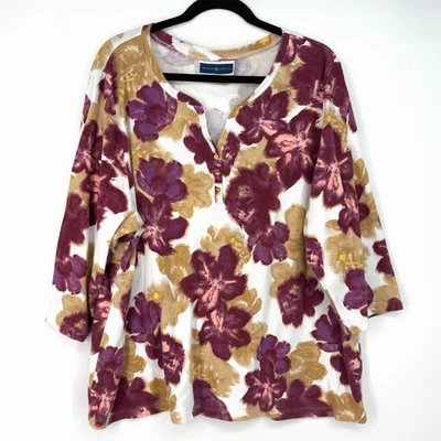 Karen Scott Womens 3X Pullover Knit Top T-Shirt Henley White Purple Tan Floral - Image 1 of 4