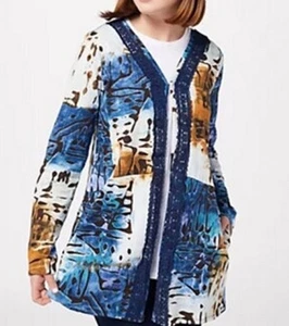 LOGO Lori Goldstein XL Cotton Slub Cardigan Lace Trim Blue Multicolor Abstract - Picture 1 of 6