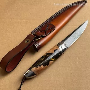 Cuchillo de acero Wootz premium supervivencia al aire libre caza con funda de cuero coleccionable - Imagen 1 de 15