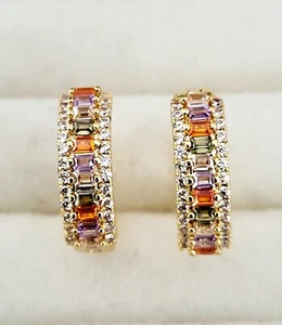 Gold Plated CZ Multicoloured Hoop Huggie Statement Earrings + Gift pouch - Picture 1 of 8