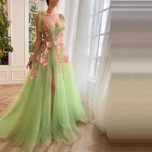 Mint Green Tulle Prom Dress A-Line Gown Spaghetti Straps 3D Flowers Bow Long - Picture 1 of 7