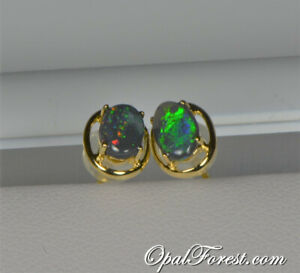 18K Gold Solid Black Opal Earrings Gem Quality Bright Studs Precious Australian