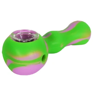 Smooth Silicone Smoking Pipe with Glass bowl ~Green & Purple ~ 4 inch. - Picture 1 of 1