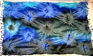 Tie-Dye Scarf Swim Wrap Scarf Womens Large w Tassels Gray-Blue-Green 62" Long - Picture 1 of 9