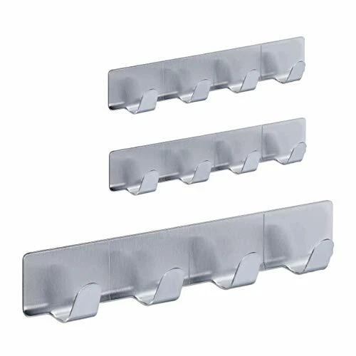 Relaxdays Appendiabiti da Parete, Set 3 Aste Adesive, 4 Ganci Ognuno, Acciaio, B - Immagine 1 di 1