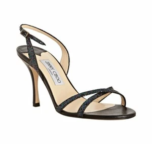 Jimmy CHOO INDIA CLASSIC BLACK PETROL GLITTER STRAPPY SANDALS EU 40 I LOVE SHOES - Picture 1 of 10