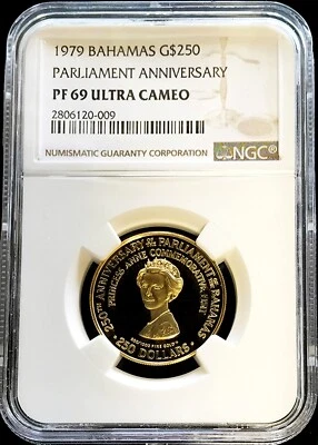 1979 GOLD BAHAMAS $250 PRINCESS ANNE COIN NGC PROOF 69 UC ONLY 1,835 MINTED - Image 1 of 2