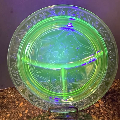 Vintage Hazel Atlas Cloverleaf Green Divided Grill Plate Uranium Glass - Image 1 of 4