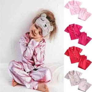 Pajama Sets Girls Silk Satin Top Pant Long Sleeve Solid Silky Pyjamas Nightgown - Picture 1 of 45