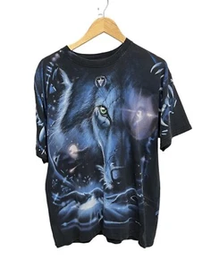 Vintage Y2K Liquid Blue Wolf All Over Print AOP T-Shirt Large - Picture 1 of 6