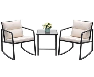 3 Piece Beige Coffee Table Rocking Bistro Set Porch Chairs Outdoor Furniture - Picture 1 of 4