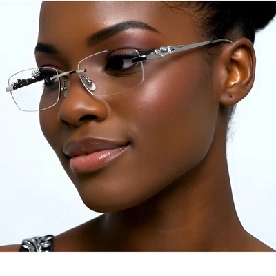 Rimless Rectangle Silver Clear Eye Glasses Women Fashion Eyewear Casual Business - Image 1 of 4