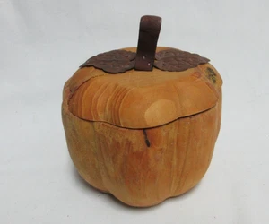 Wooden Hand Carved Lidded Pumpkin Trinket Box Metal Leaves & Stem Unique 3” - Picture 1 of 7